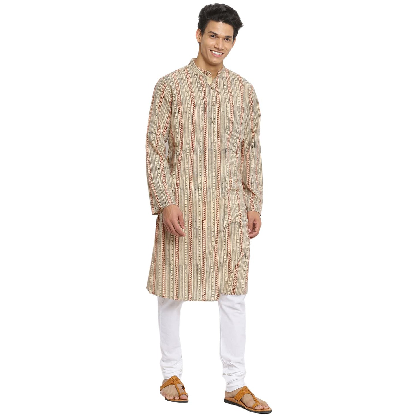 Fabindia Men Collar Cotton Slim Fit Printed Long Kurta Chinese_S Beige,Small
