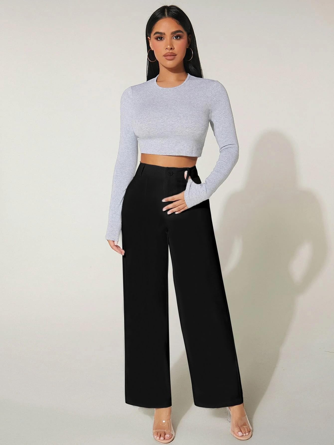 Toochki Loose Women Black High Rise Full Length Wide Leg Formal Trousers