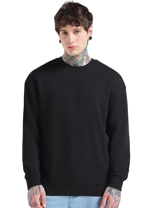 Bewakoof MenS Solid Oversized Fit Full Sleeve Round Neck Terry Sweatshirt_682774_Black_S