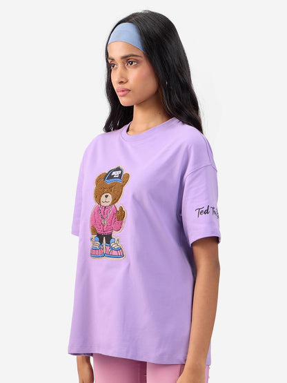 The Souled Store Ted The Stoner: Towelling Women and Girls Short Sleeves Round Neck Purple Embroidered Cotton Oversized T-Shirts