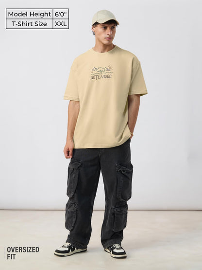 The Souled Store: Outlander Men and Boys Short Sleeves Round Neck Beige Typography Embroidered Cotton Lightweight Breathable Cas