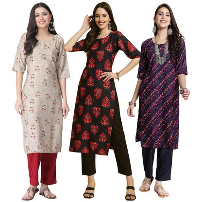 Pinkmint WomenS Crepe Printed Kurta Pant Straight Kurta Set For Women(Pack Of 3)