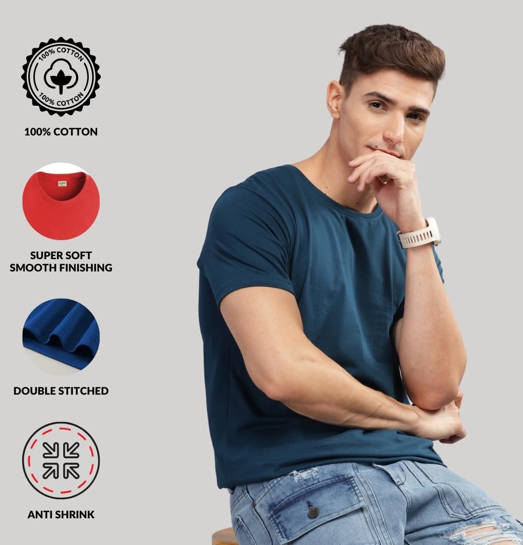 ADRO Men's Solid Regular Fit T-Shirt (RCM3-PLN-PU-SB-PT_Purple,Teal,Pista