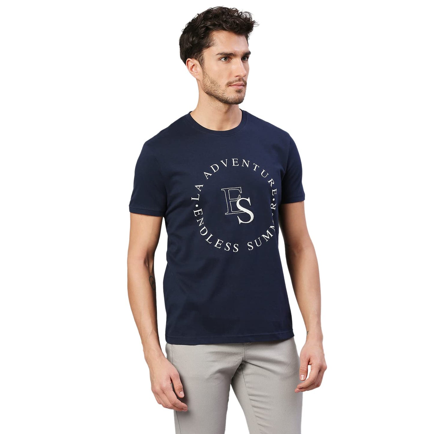 Dennis Lingo MenS Pure Cotton Printed Half Sleeves Casual T-Shirt (Navy)
