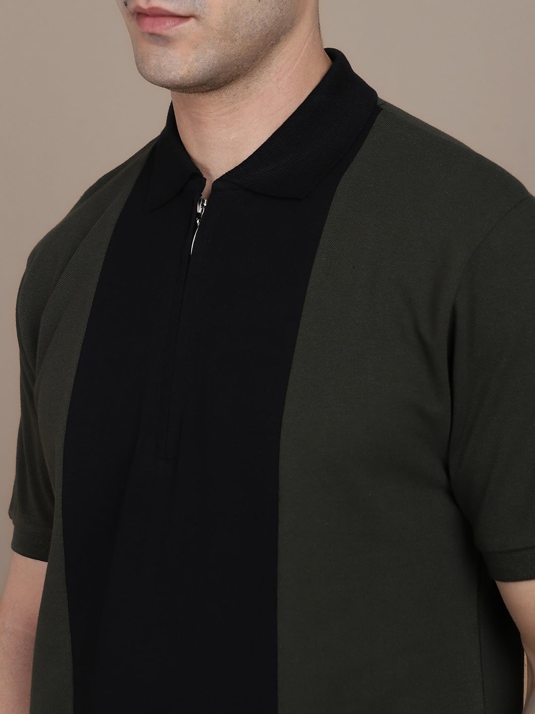 Dennis Lingo MenS Cotton Olive Colorblocked Polo Neck T-Shirt