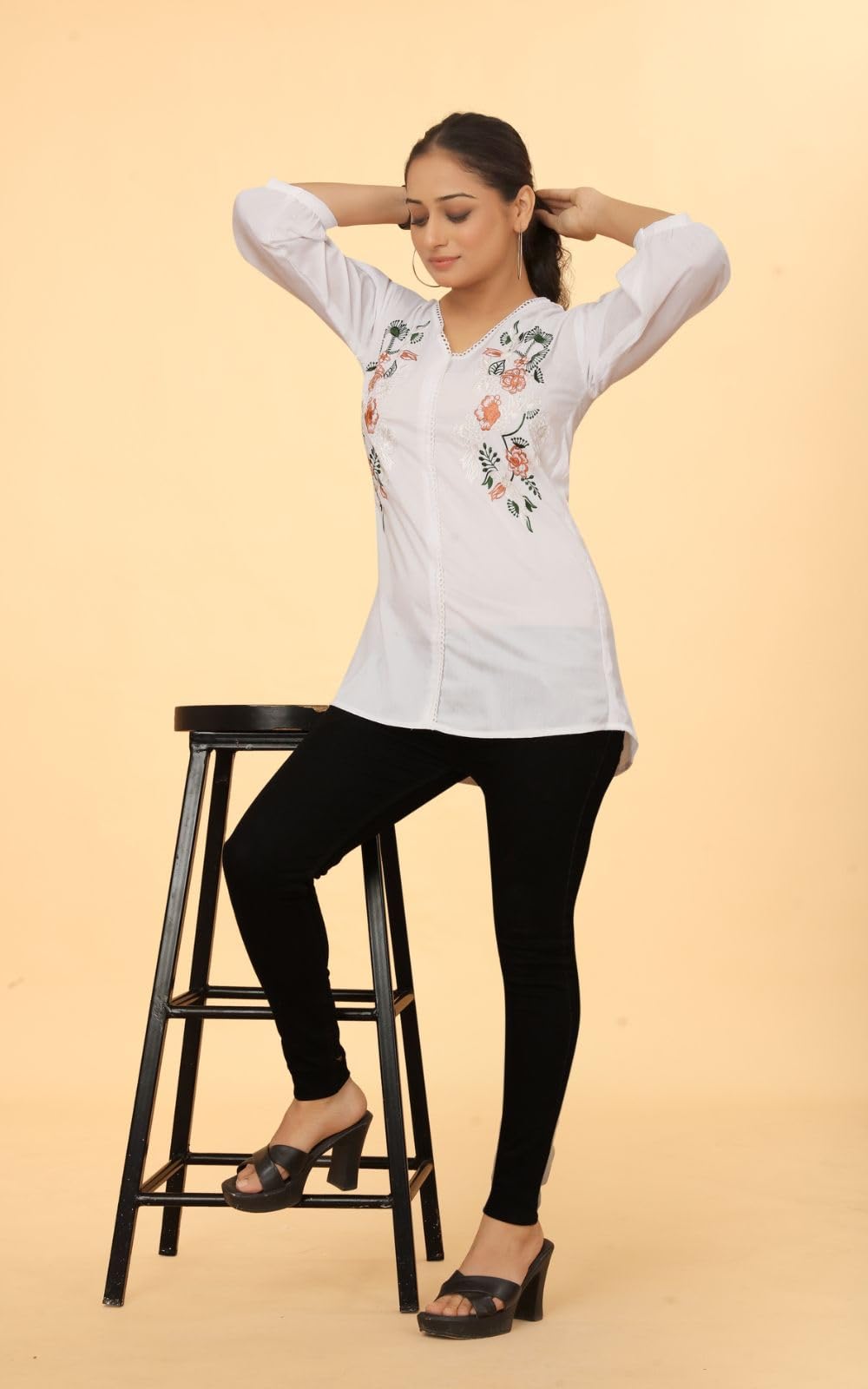 WomenS Embroidered V-Neck Tunic Top | Voscos Rayon 3/4 Balloon Sleeves Tunic For WomenS | Floral Design Casual Wear Top (In, A