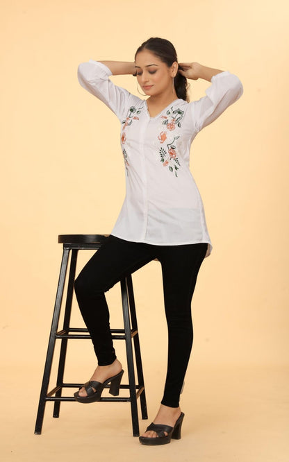 WomenS Embroidered V-Neck Tunic Top | Voscos Rayon 3/4 Balloon Sleeves Tunic For WomenS | Floral Design Casual Wear Top (In, A