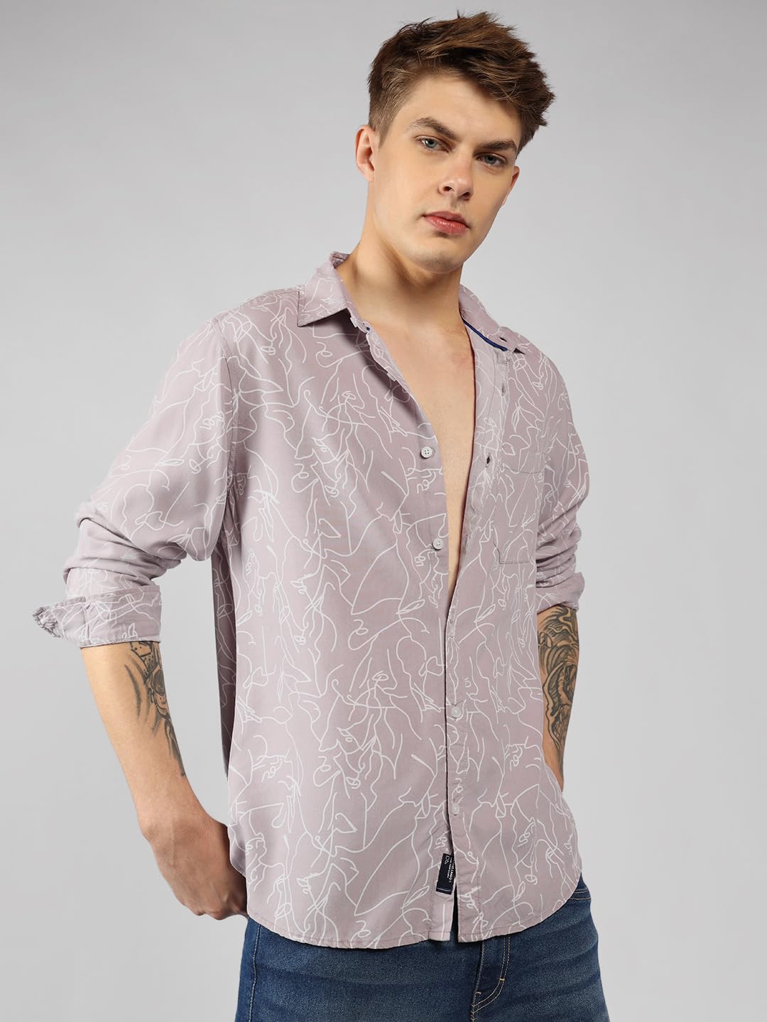 Dennis Lingo MenS | Mauve | Printed | Spread Collar | Full Sleeve | Relaxed | Casual Shirt