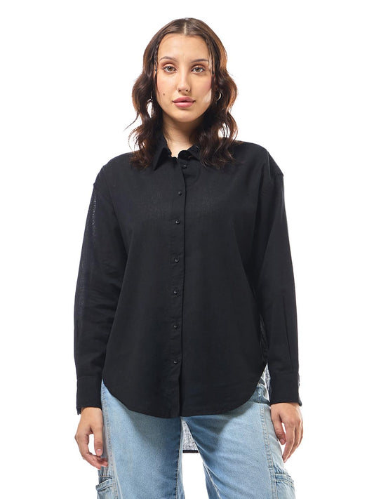 Bewakoof Womens Solid Oversized Fit Full Sleeve Collar Neck Cotton Shirt_628201_Black_M