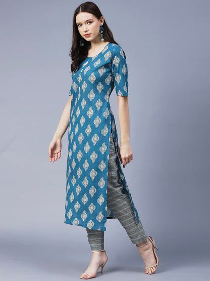 GoSriKi Women's Cotton Blend Printed Straight Kurta with Pant (SHAGUN-GS)