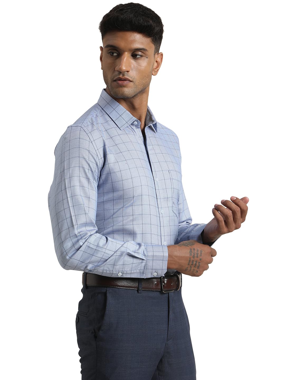 Turtle Men Pure Cotton Slim Fit Checkered Light Blue Formal Shirt