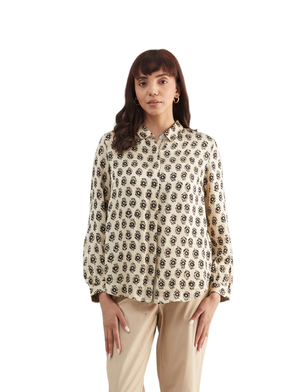 Fabindia Women Beige Printed Spread Collar Full Sleeves Shirt