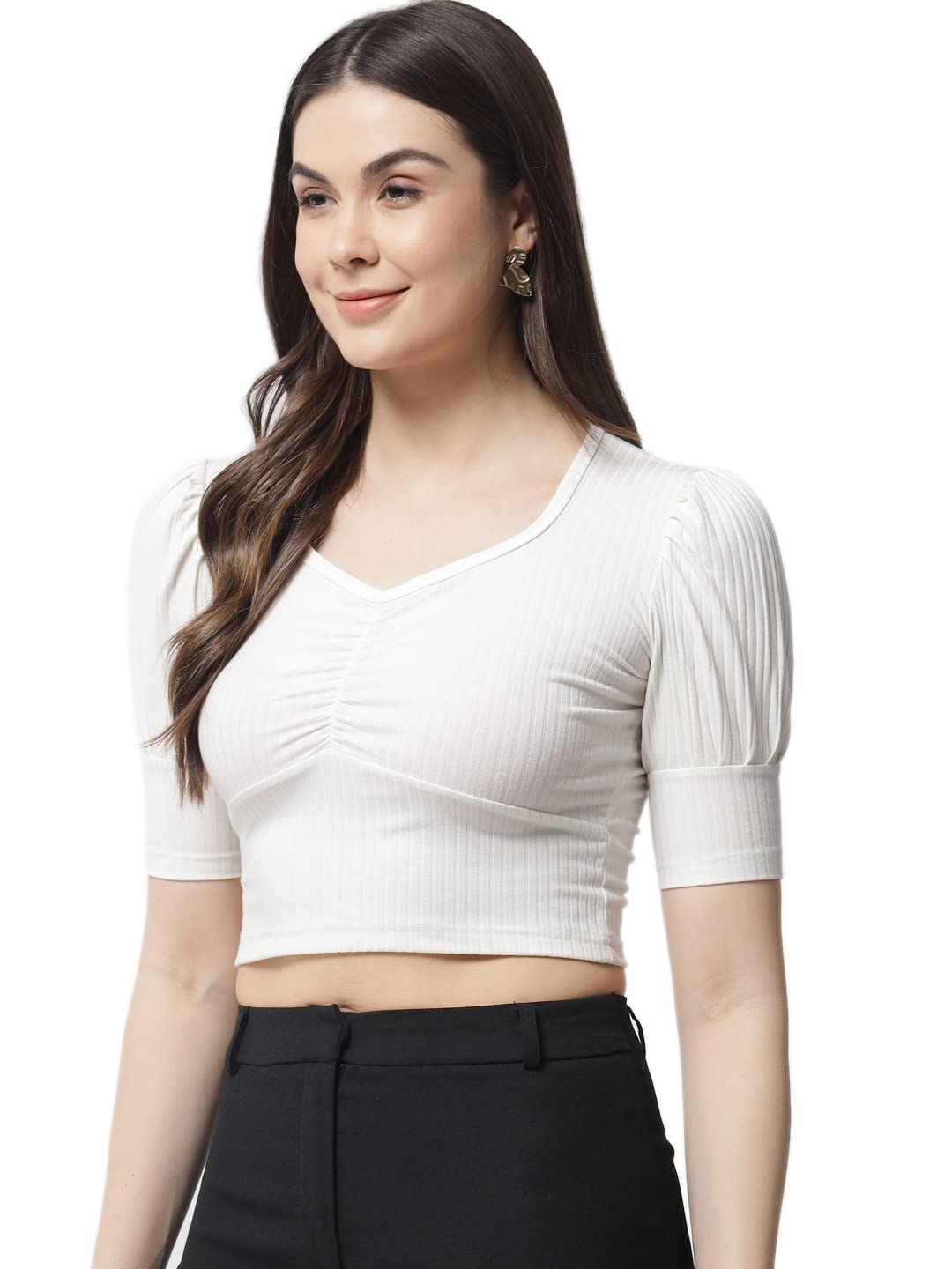POPWINGS Off White Puff Ribbed Top