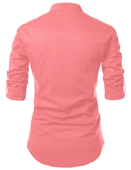 Zombom MenS Solid Cotton Blend Casual Regular Fit Mandarin/Chinese Collor Full Sleeve Kurta Shirt For Men Peach