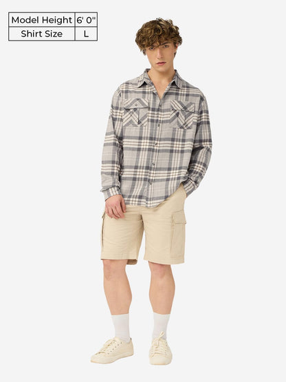 The Souled Store Plaid Shirt: Storm Men and Boys Long Sleeves Collared Neck Button Front Grey Cotton Regular Fit Utility Shirts