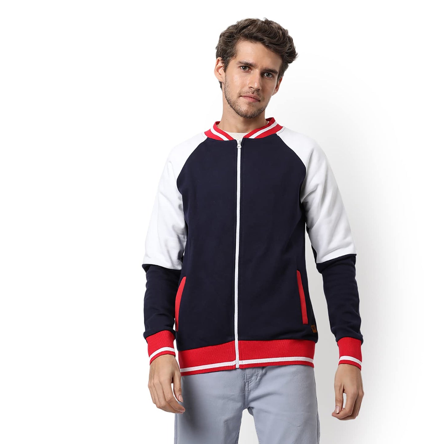 Campus Sutra Mens Blue & Red Colour-Blocked Solid Regular Fit Cotton Varsity Jacket For Winter Wear | Low-Cut Standing Collar |