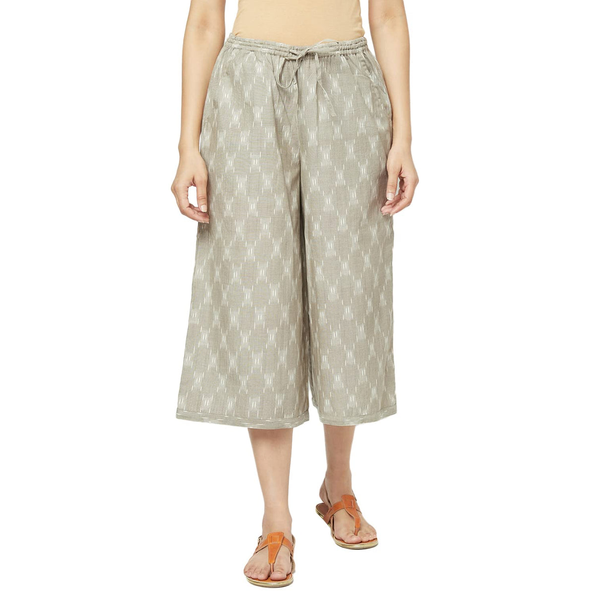 Fabindia Women Ikat Culottes Pant Cotton_L Light Grey