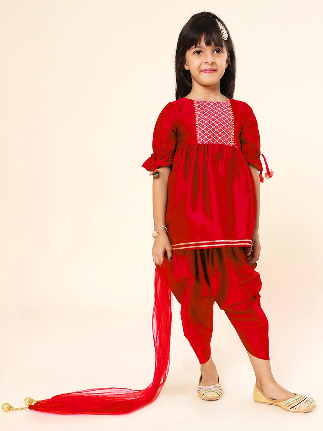 A.T.U.N. (All Things Uber Nice) Girls Pleated Gotta Patti Kurti With Dhoti Pants & Dupatta