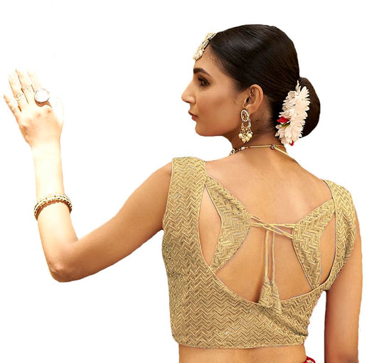 Pujia Mills WomenS Readymade Indian Ethnic Designer Sleeveless Blouse Embroidery Matching Zari Work Sequence Work Readymade Fan