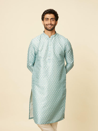 Manyavar Mens Green Art Silk Self Design Kurta Pyjama Set