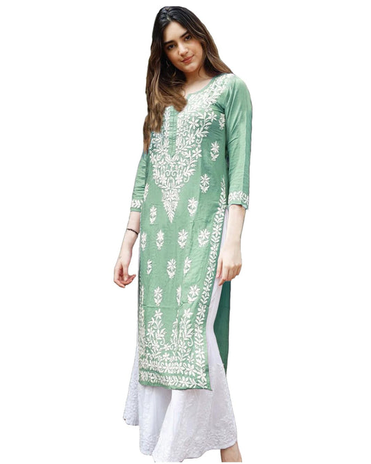 Gosriki WomenS Rayon Blend Straight Chikankari Embroidered Kurta (Victoria Green-Gs_L_White_Large)
