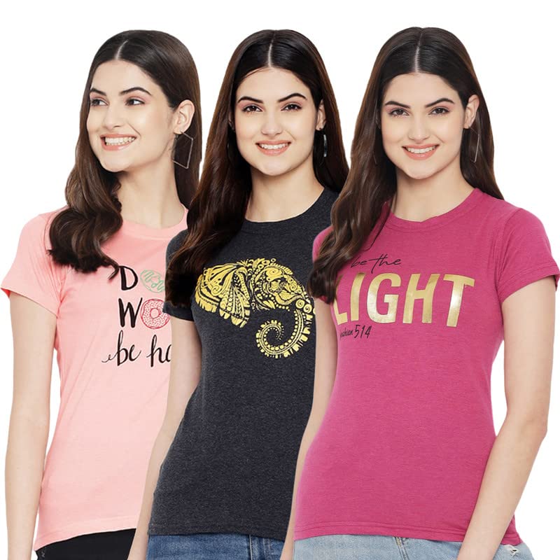 Preneum Womens Cotton Regular Fit Latest Graphic Stylish Printed Short Sleeves Casual T-Shirt || Latest Trendy & Styling (Pack