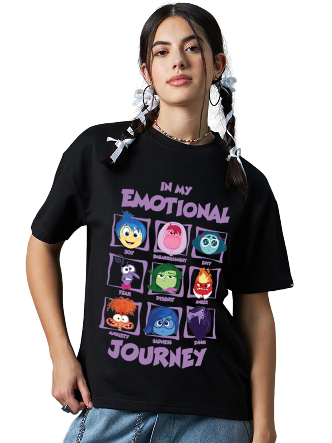 Bewakoof Heavy Duty 1.0 Official Disney Merchandise Inside Out Women Graphic Print Oversized Fit Half Sleeve Round Neck Terry T-
