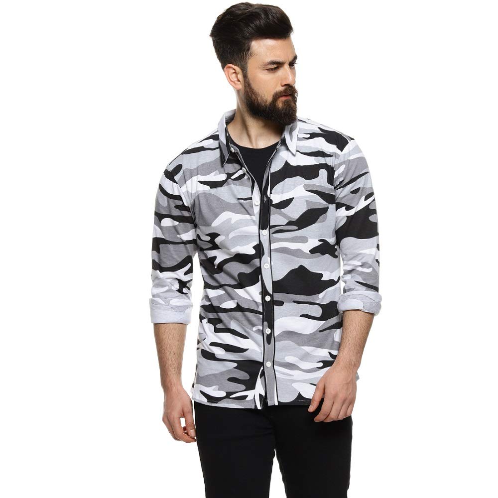 Campus Sutra Mens Grey Camouflage Printed Button Up Shirt Regular Fit for Casual Wear | Structured Shirt Crafted with Regular F