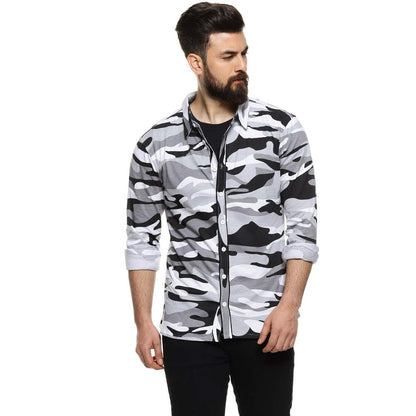 Campus Sutra Mens Grey Camouflage Printed Button Up Shirt Regular Fit for Casual Wear | Structured Shirt Crafted with Regular F