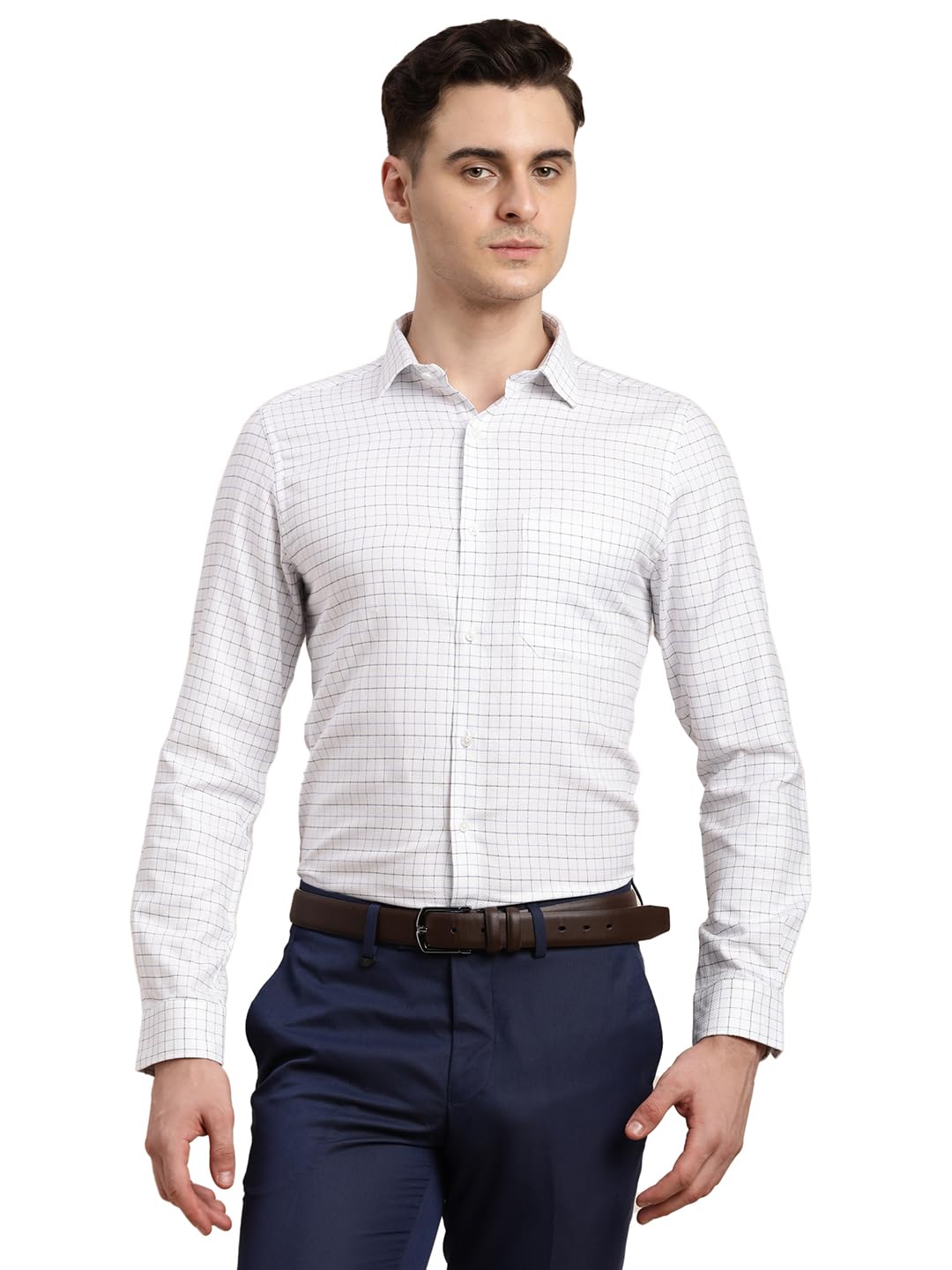 Turtle Men 100% Cotton White Check Slim Fit Formal Shirt