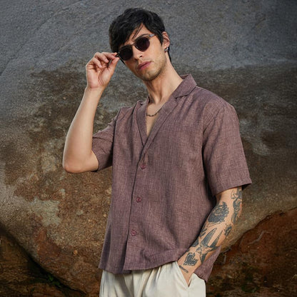 Campus Sutra Mens Brown Stone Heathered Korean Oversized Shirt for Casual Wear | Lapel Collar | Short Sleeve | Button Closure |
