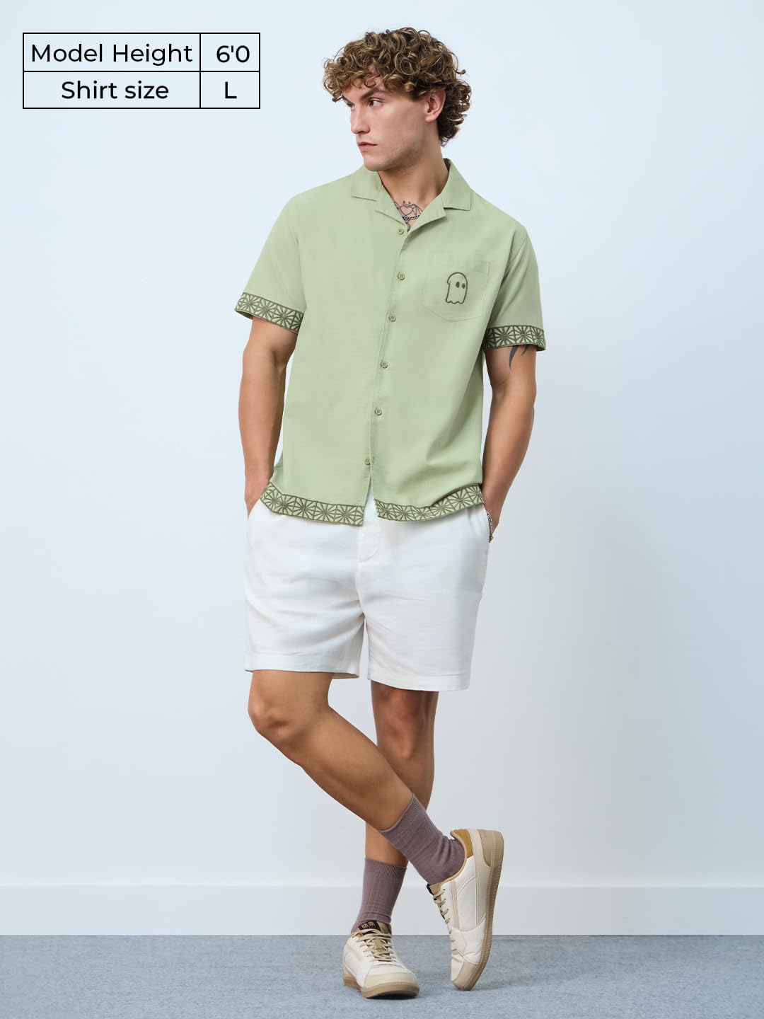 The Souled Store Cotton Linen: Aura Men and Boys Short Sleeves Collared Neck Green Embroidered Regular Fit Cotton Linen Shirt