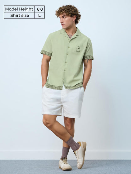 The Souled Store Cotton Linen: Aura Men and Boys Short Sleeves Collared Neck Green Embroidered Regular Fit Cotton Linen Shirt