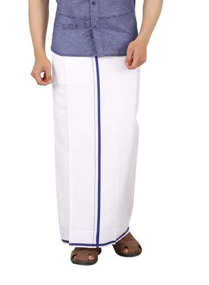 Prakasam Cotton -White Readymade Pocket Dhoti For Mens/Fine Quality White Readymade Dhoties For Mens- Navy Border