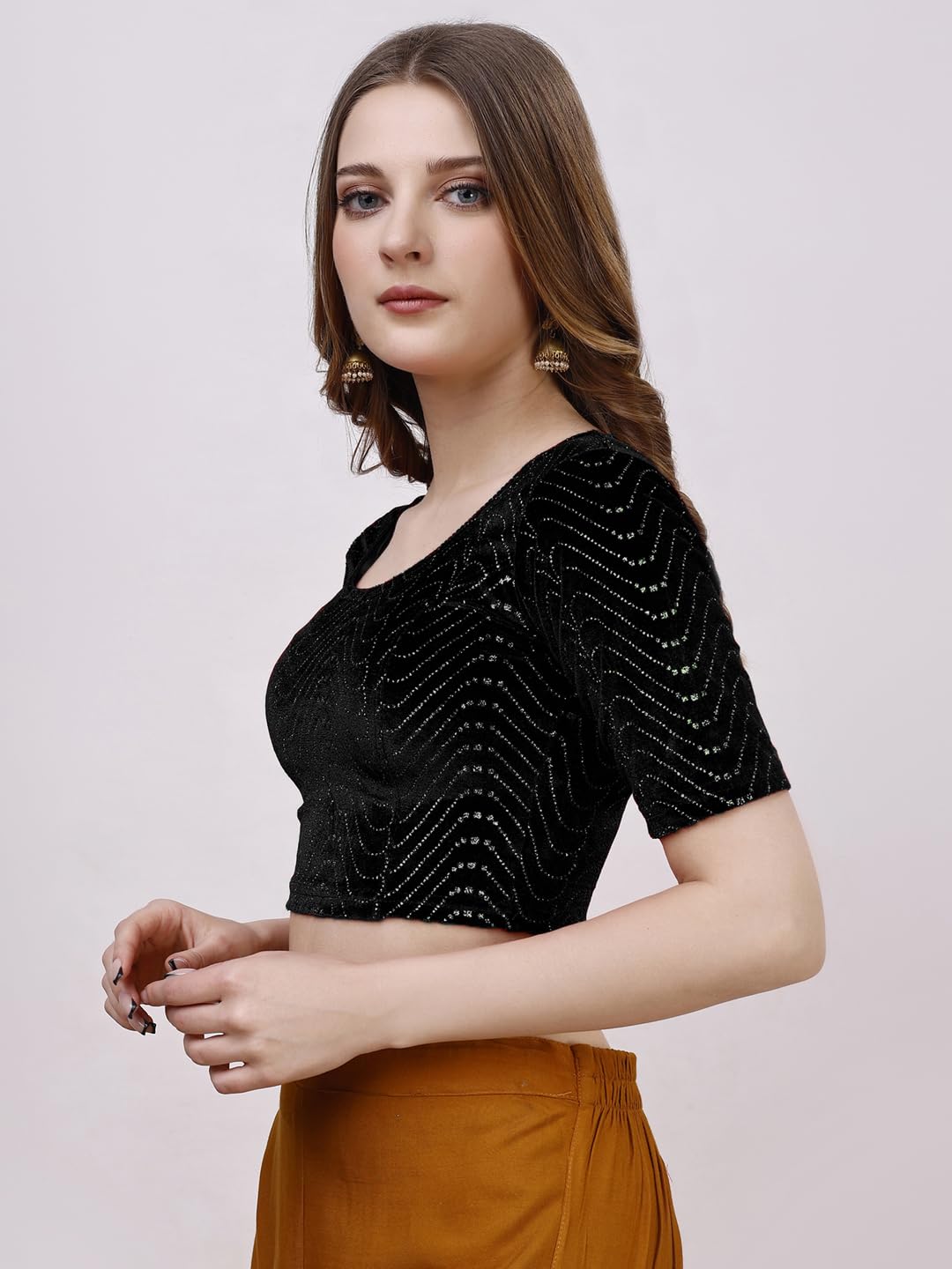 Pujia Mills Womens Readymade Hosiery Velvet Lycra Stretchable Round Neck Half Sleeve Blouse with jari Work Fancy Black Color Ly