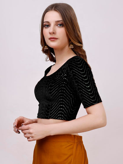 Vihu Fashion WomenS Readymade Hosiery Velvet Lycra Stretchable Round Neck Half Sleeve Blouse With Jari Work Fancy Black Color L