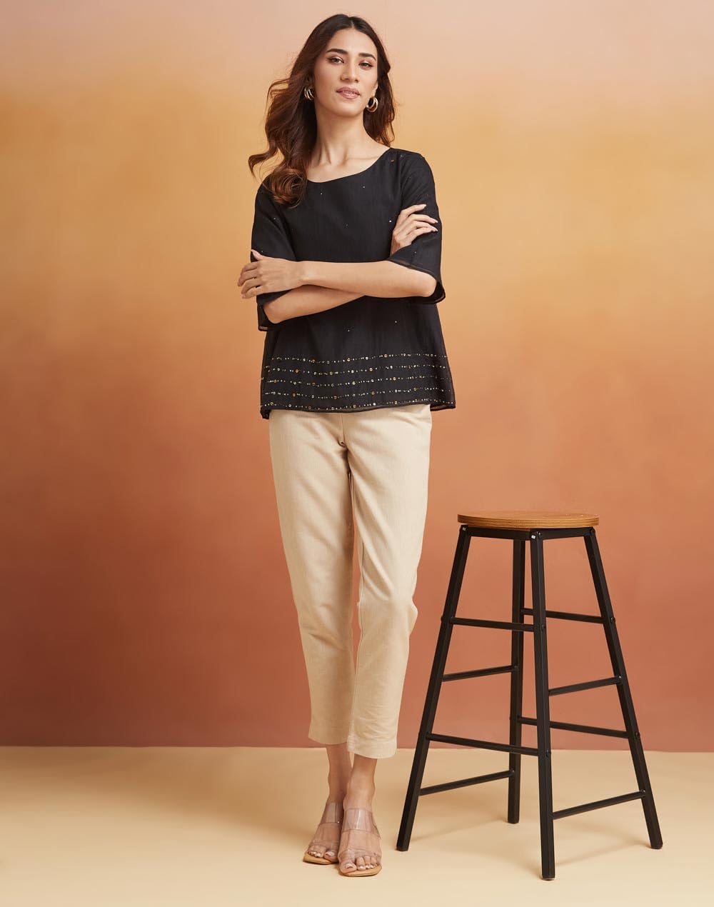 Fabindia WomenS Embellished Regular Fit Top (1038714Black_Black