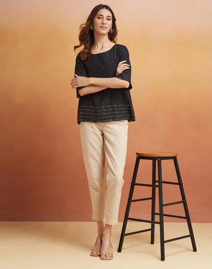 Fabindia WomenS Embellished Regular Fit Top (1038714Black_Black
