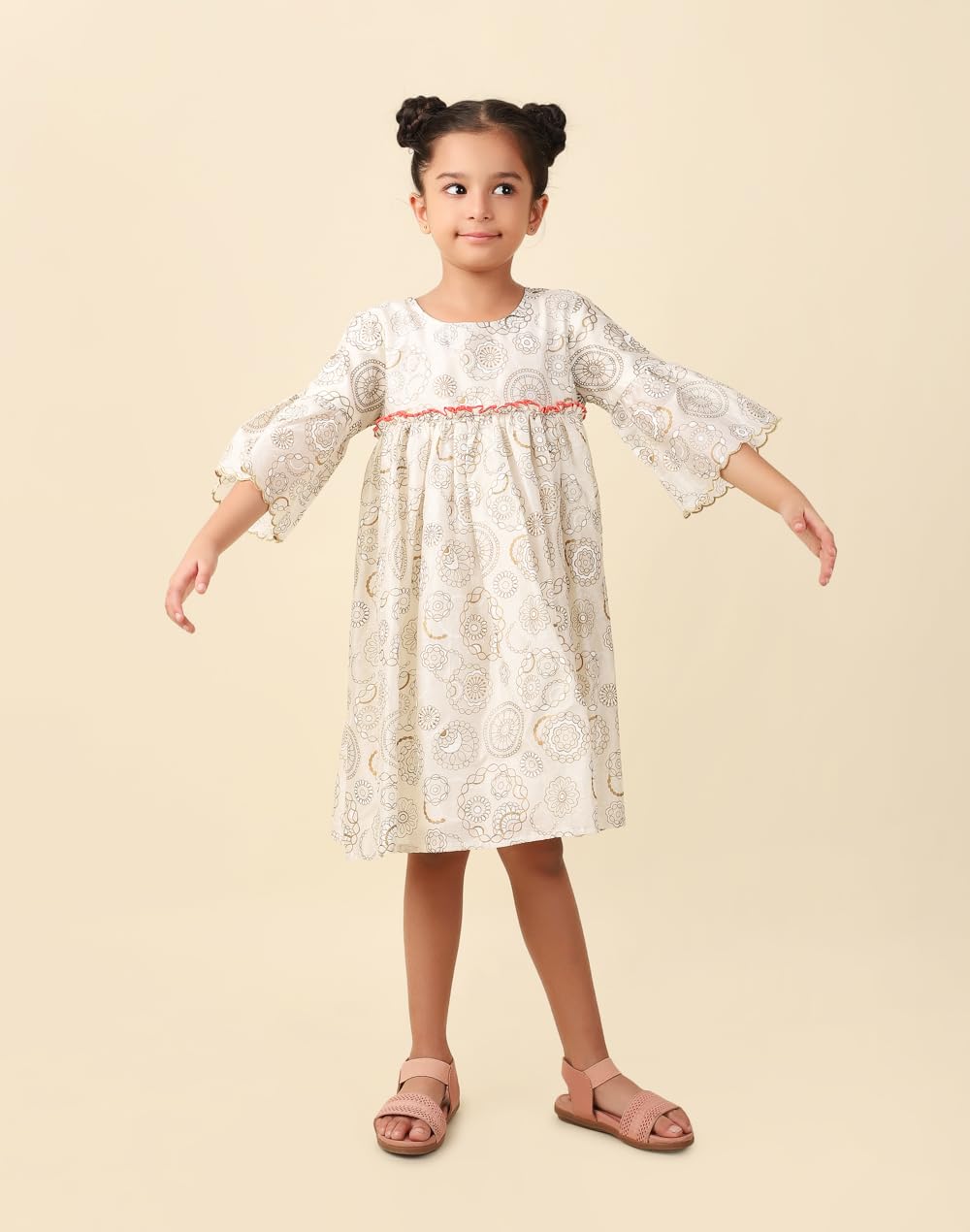 Fabindia Girl's Cotton Silk A-Line Knee Length Dress (1031899NATURAL_Natural