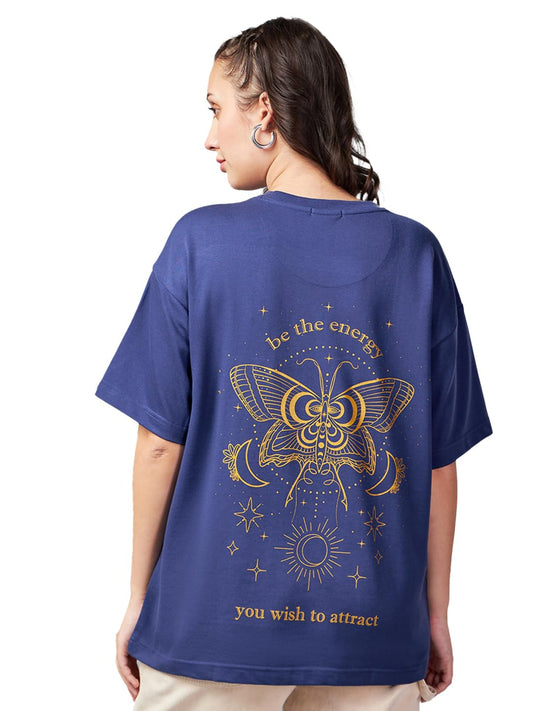 Bewakoof Heavy Duty 1.0 Womens Graphic Print Oversized Fit Half Sleeve Round Neck Cotton Blend T-Shirt_629058_Blue_XL
