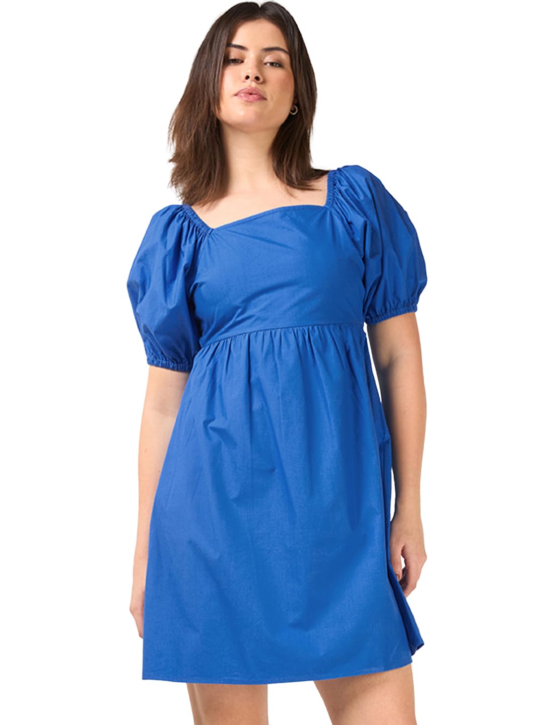 Bewakoof Womens Solid Regular Fit Puff Sleeve Square Neck Cotton Poplin Flared Dress_683843_Blue_XL