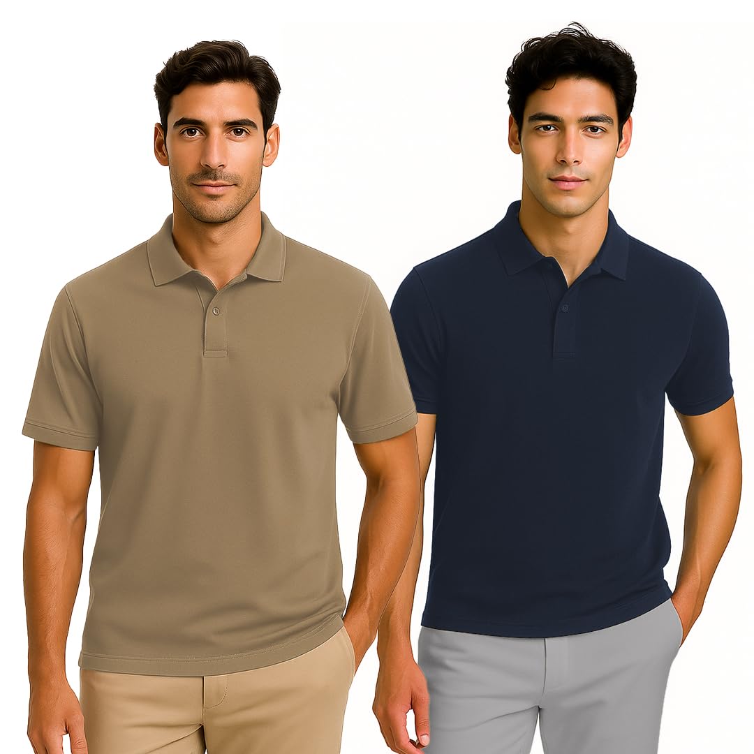 Nobero MenS Solid Regular Fit Polo Shirt (1M-Twpo-R0003_Latte / Navy Blue