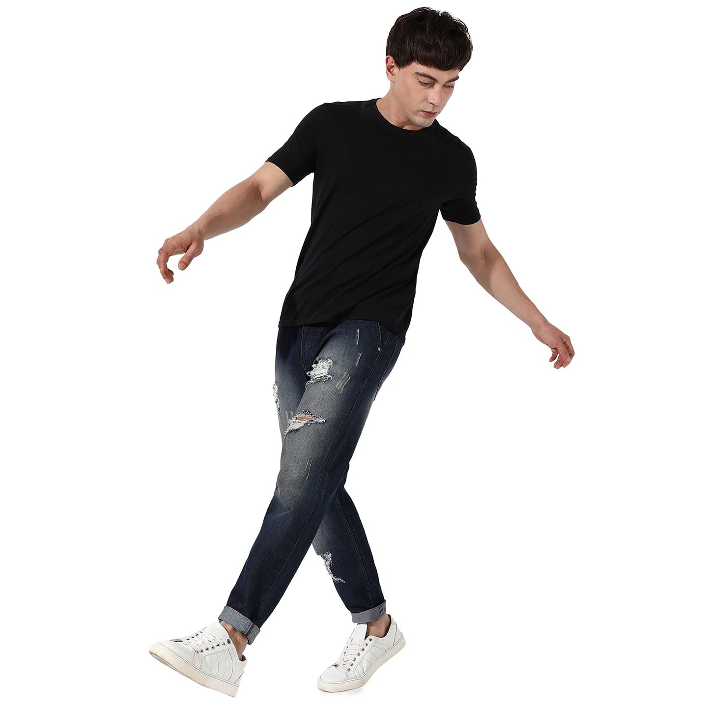 Campus Sutra Mens Dark Blue Ripped Dark-Wash Denim Jeans | Stretchable Cotton Mid-Rise Denim Jeans Crafted with Comfort Fit and