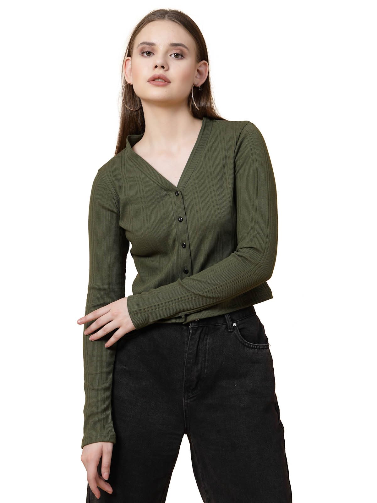 Rigo Casual Wear V Neck Rib Knit Top for Women | Slim Fit Long Sleeves Western Tops for Women