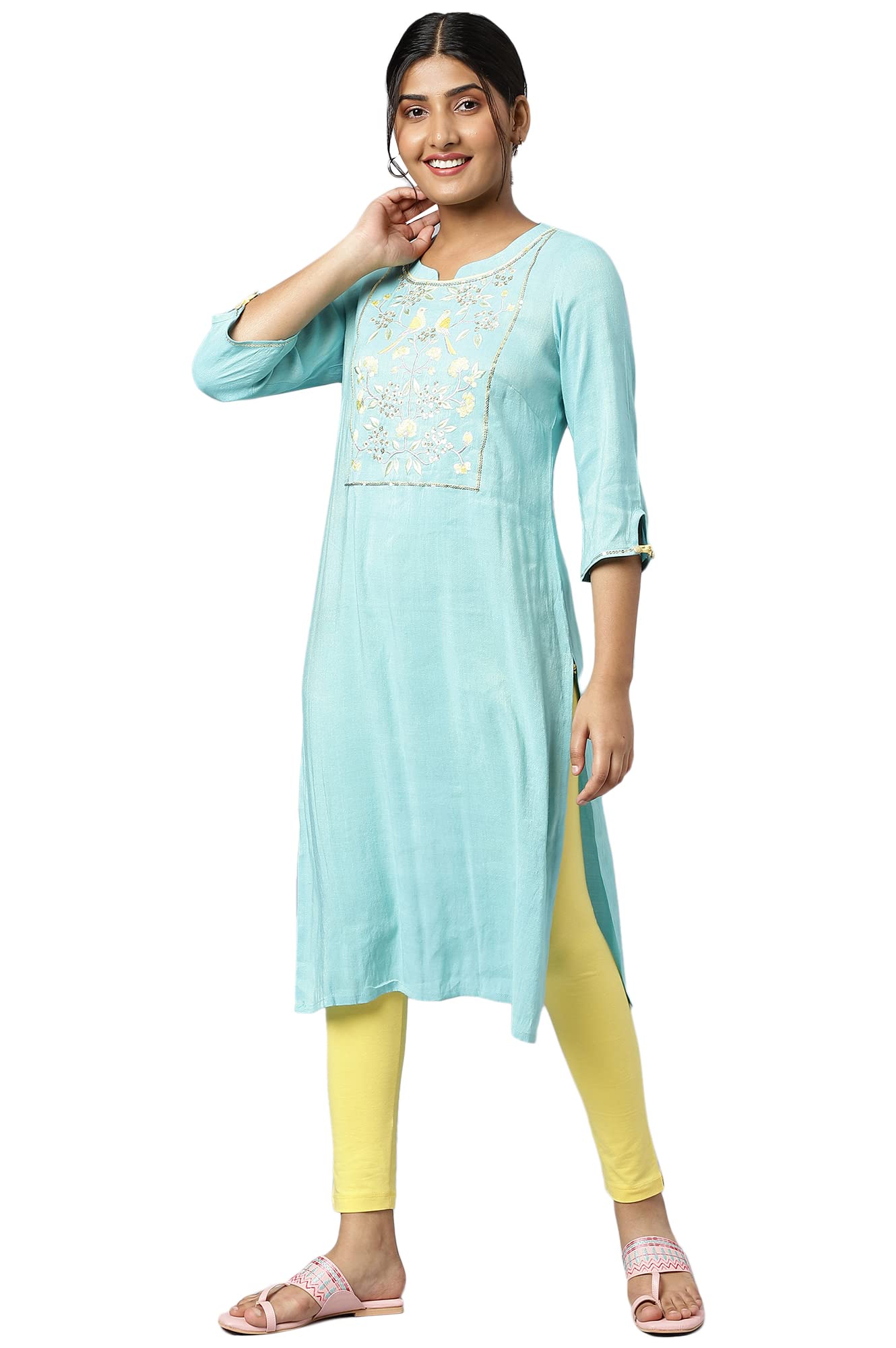 Aurelia Women Viscose Straight Fit Mint Zari Solid Yarn Dyed Straight Kurta