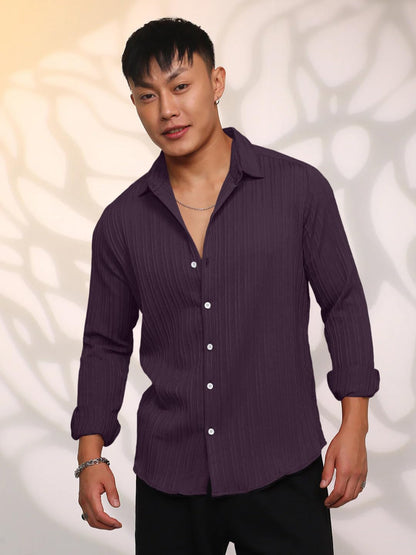 Finivo Fashion MenS Casual Cotton Striped Button Down Shirts Long Sleeve Textured Summer Beach Shirt For Men Purple