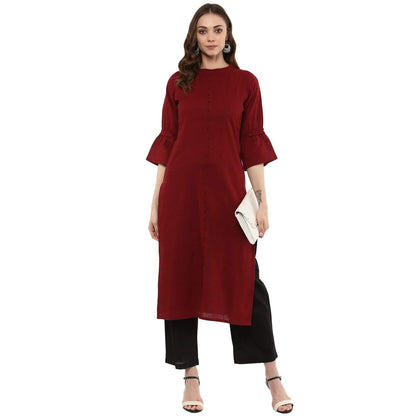 Idalia Maroon Straight 3/4 Sleeve Cotton Kurta For Women