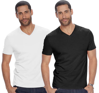 ADRO Men's V Neck Combo Plain Cotton T-Shirts_VCM2-PLN-BL-WH