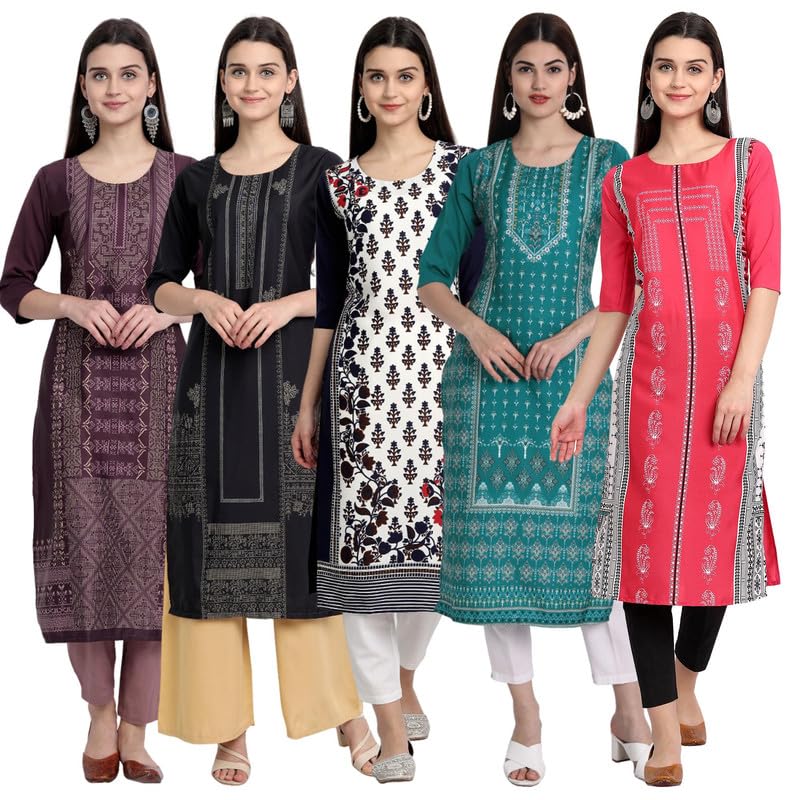 Pinkmint WomenS Printed Kurti For WomenS Round Neck Straight Kurti For Women (Pack Of 5)