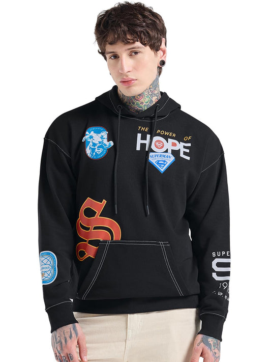 Bewakoof Official DC Merchandise Super Man Mens Graphic Print Oversized Fit Full Sleeve Polycotton Hoodies_682743_Black_XL